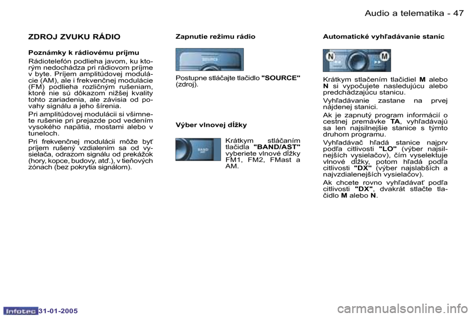 Peugeot 206 SW 2004.5  Užívateľská príručka (in Slovak) �4�6 �-
�3�1�-�0�1�-�2�0�0�5
�4�7
�-
�3�1�-�0�1�-�2�0�0�5
�Z�a�p�n�u�t�i�e� �r�e�ž�i�m�u� �r�á�d�i�o �A�u�t�o�m�a�t�i�c�k�é� �v�y�h-�a�d�á�v�a�n�i�e� �s�t�a�n�í�c�Z�D�R�O�J� �Z�V�U�K�U� �R�Á�D�