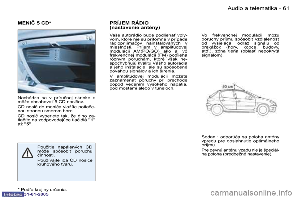 Peugeot 206 SW 2004.5  Užívateľská príručka (in Slovak) �6�0 �-
�3�1�-�0�1�-�2�0�0�5
�6�1
�-
�3�1�-�0�1�-�2�0�0�5
�M�E�N�I�Č� �5� �C�D�*
�N�a�c�h�á�d�z�a�  �s�a�  �v�  �p�r�í�r�u�č�n�e�j�  �s�k�r�i�n�k�e�  �a�  
�m�ô�ž�e� �o�b�s�a�h�o�v�a"� �5� �C�D