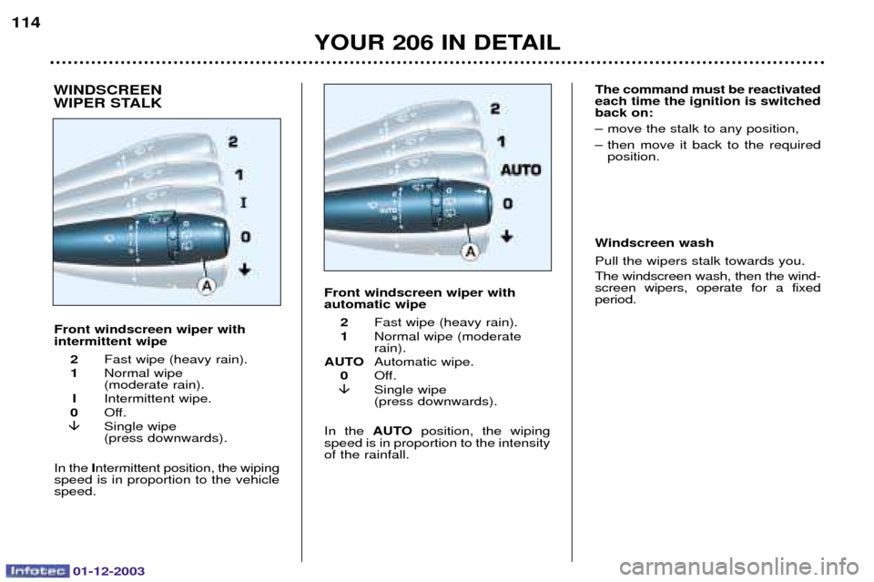 Peugeot 206 SW 2003.5  Owners Manual 01-12-2003
YOUR 206 IN DETAIL
114
Front windscreen wiper with intermittent wipe2 -	$	)
1 :
	
$
	)
I 3		
0 
� (	
	
$

)
3