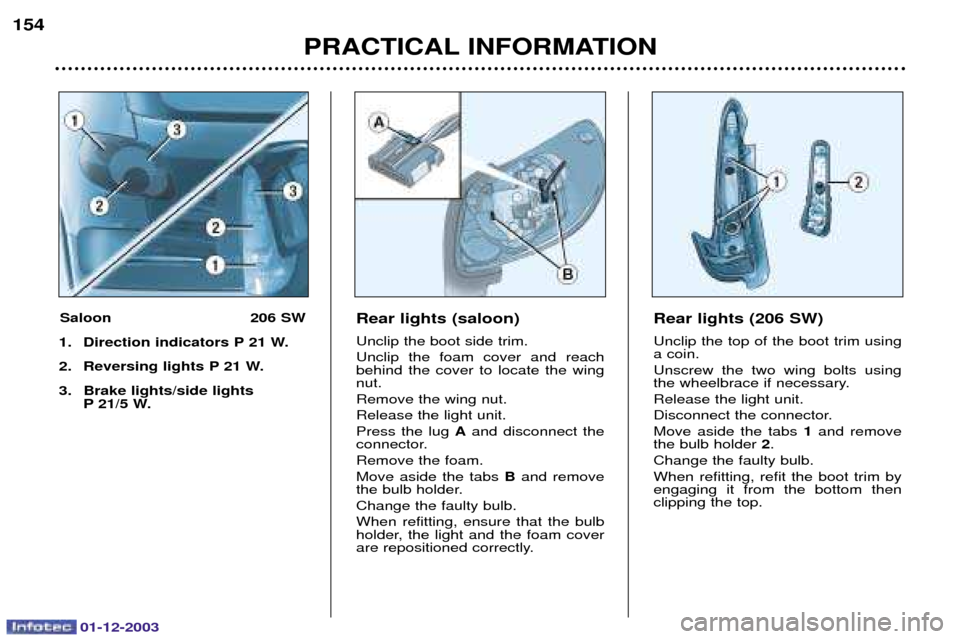 Peugeot 206 SW 2003.5  Owners Manual 01-12-2003
PRACTICAL INFORMATION
154
Rear lights (saloon) 
	


 
 	
  
  
	 

	 	
 
  
 	
  


	




