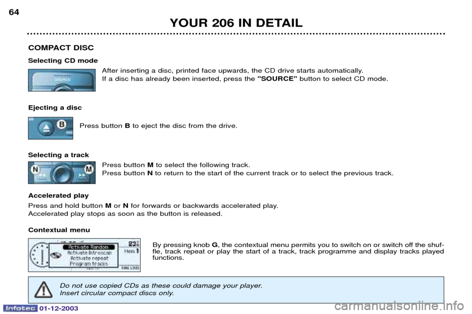 Peugeot 206 SW 2003.5  Owners Manual 01-12-2003
YOUR 206 IN DETAIL
64
COMPACT DISC Selecting CD mode 	
	
	-	
-#		 

	
	
- "SOURC