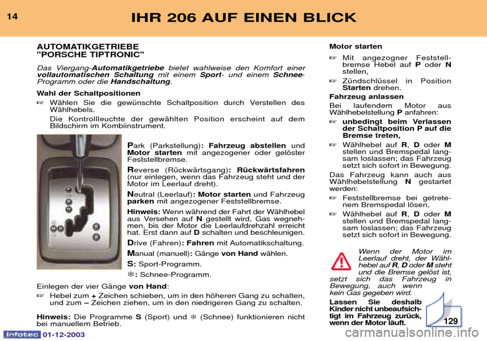 Peugeot 206 SW 2003.5  Betriebsanleitung (in German) 129
IHR 206 AUF EINEN BLICK14AUTOMATIKGETRIEBE "PORSCHE TIPTRONIC" 
Das Viergang- 	 bietet wahlweise den Komfort einer
	
 
 mit einem - und einem  

