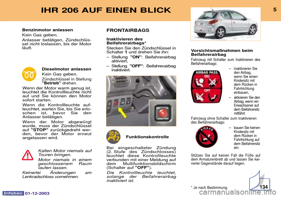 Peugeot 206 SW 2003.5  Betriebsanleitung (in German) Vorsichtsma§nahmen beim Beifahrerairbag
3    6)7 
-$D )7
#$&
0
+


()3$&