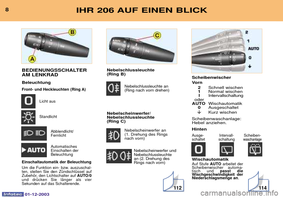 Peugeot 206 SW 2003.5  Betriebsanleitung (in German) 01-12-2003
Scheibenwischer 
Vorn2 0
1 E	0
I 67
	

AUTO 	)
0 #
� +0
$0 
4$ Hinten
# 6