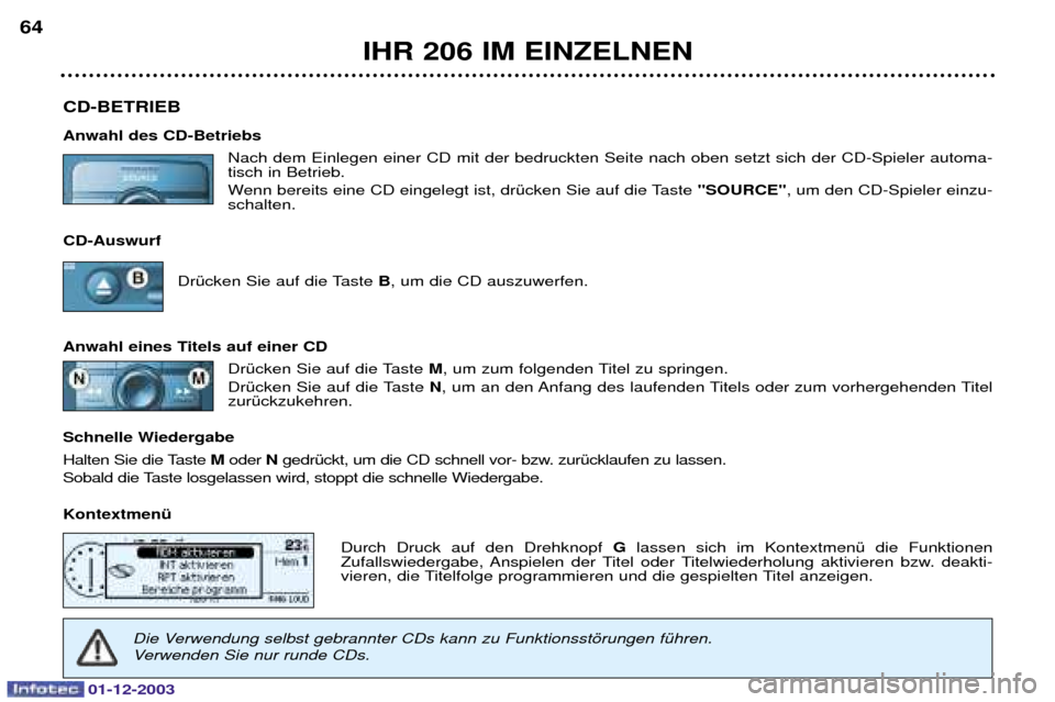 Peugeot 206 SW 2003.5  Betriebsanleitung (in German) 01-12-2003
IHR 206 IM EINZELNEN
64
CD-BETRIEB Anwahl des CD-Betriebs B
"
 "
%4 % 

-"0 
"