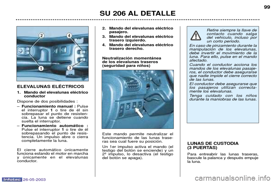 Peugeot 206 SW 2003 Manual del propietario (in Spanish) 26-05-2003
SU 206 AL DETALLE99
LUNAS DE CUSTODIA
(3 PUERTAS) Para entreabrir las lunas traseras, bascule la palanca y despuŽs empujela luna.
ELEVALUNAS ELƒCTRICOS
1. Mando del elevalunas elŽctric Peugeot 206 SW 2003 Manual del propietario (in Spanish) 26-05-2003
SU 206 AL DETALLE99
LUNAS DE CUSTODIA
(3 PUERTAS) Para entreabrir las lunas traseras, bascule la palanca y despuŽs empujela luna.
ELEVALUNAS ELƒCTRICOS
1. Mando del elevalunas elŽctric