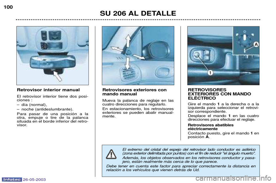 Peugeot 206 SW 2003 Manual del propietario (in Spanish) 26-05-2003
SU 206 AL DETALLE
Retrovisor interior manual El retrovisor interior tiene dos posi- ciones :
Ð d’a (normal),
Ð noche (antideslumbrante).Para pasar de una posici—n a la otra, empuje o Peugeot 206 SW 2003 Manual del propietario (in Spanish) 26-05-2003
SU 206 AL DETALLE
Retrovisor interior manual El retrovisor interior tiene dos posi- ciones :
Ð d’a (normal),
Ð noche (antideslumbrante).Para pasar de una posici—n a la otra, empuje o