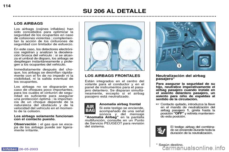 Peugeot 206 SW 2003 Manual del propietario (in Spanish) 26-05-2003
SU 206 AL DETALLE
114
LOS AIRBAGS FRONTALES Est‡n integrados en el centro del volante para el conductor y en elpanel de instrumentos para el pasa-jero delantero. Se disparan simult‡-nea Peugeot 206 SW 2003 Manual del propietario (in Spanish) 26-05-2003
SU 206 AL DETALLE
114
LOS AIRBAGS FRONTALES Est‡n integrados en el centro del volante para el conductor y en elpanel de instrumentos para el pasa-jero delantero. Se disparan simult‡-nea