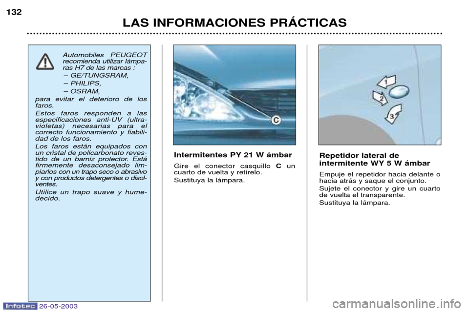 Peugeot 206 SW 2003  Manual del propietario (in Spanish) 26-05-2003
LAS INFORMACIONES PRçCTICAS
132
Repetidor lateral de 
intermitente WY 5 W ‡mbar Empuje el repetidor hacia delante o hacia atr‡s y saque el conjunto. Sujete el conector y gire un cuarto