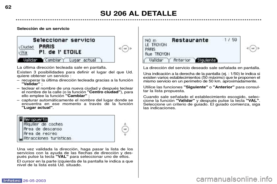 Peugeot 206 SW 2003 Manual del propietario (in Spanish) 26-05-2003
SU 206 AL DETALLE
62
Selecci—n de un servicio La œltima direcci—n tecleada sale en pantalla. Existen 3 posibilidades para definir el lugar del que Ud.
quiere obtener un servicio :
Ð Peugeot 206 SW 2003 Manual del propietario (in Spanish) 26-05-2003
SU 206 AL DETALLE
62
Selecci—n de un servicio La œltima direcci—n tecleada sale en pantalla. Existen 3 posibilidades para definir el lugar del que Ud.
quiere obtener un servicio :
Ð