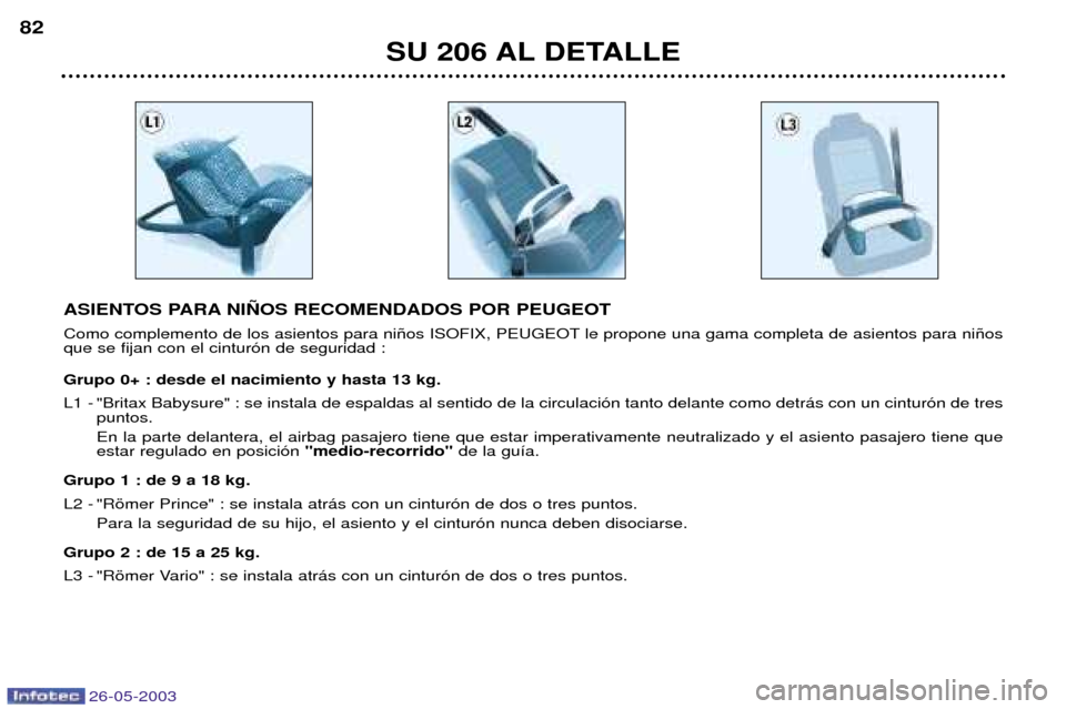 Peugeot 206 SW 2003  Manual del propietario (in Spanish) 26-05-2003
SU 206 AL DETALLE
82
ASIENTOS PARA NI„OS RECOMENDADOS POR PEUGEOT 
Como complemento de los asientos para ni–os ISOFIX, PEUGEOT le propone una gama completa de asientos para ni–os que 
