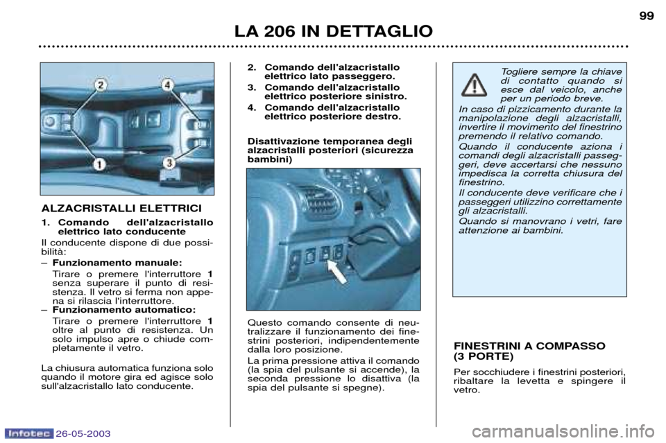 Peugeot 206 SW 2003  Manuale del proprietario (in Italian) 26-05-2003
LA 206 IN DETTAGLIO99
FINESTRINI A COMPASSO  (3 PORTE) Per socchiudere i finestrini posteriori, ribaltare la levetta e spingere ilvetro.
ALZACRISTALLI ELETTRICI 
1. Comando dellalzacristal