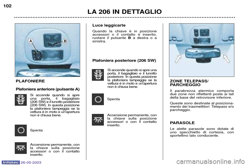 Peugeot 206 SW 2003  Manuale del proprietario (in Italian) 26-05-2003
Plafoniera posteriore (206 SW)Si accende quando si apre una porta, il bagagliaio e il lunottoposteriore. In questa posizionela plafoniera lampeggia se lavettura non 
Spenta Accensione perma