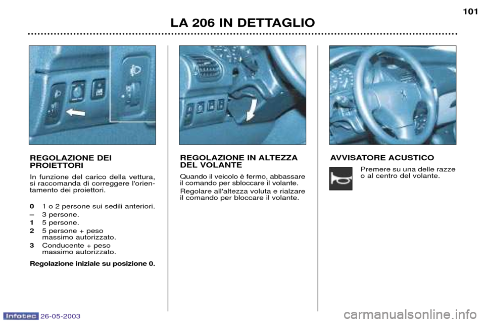 Peugeot 206 SW 2003  Manuale del proprietario (in Italian) 26-05-2003
LA 206 IN DETTAGLIO101
REGOLAZIONE DEI  
PROIETTORI In funzione del carico della vettura, si raccomanda di correggere lorien-tamento dei proiettori. 0 1 o 2 persone sui sedili anteriori.

