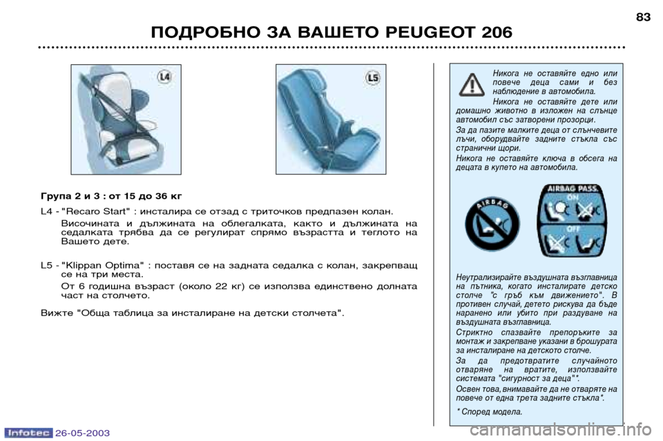 Peugeot 206 SW 2003 Ръководство за експлоатация (in Bulgarian) 26-05-2003
ПОДРОБНО ЗА ВАШЕТО PEUGEOT 20683
Никога не оставяйте едно или
повече деца сами и без
наблюдение в автомо Peugeot 206 SW 2003 Ръководство за експлоатация (in Bulgarian) 26-05-2003
ПОДРОБНО ЗА ВАШЕТО PEUGEOT 20683
Никога не оставяйте едно или
повече деца сами и без
наблюдение в автомо