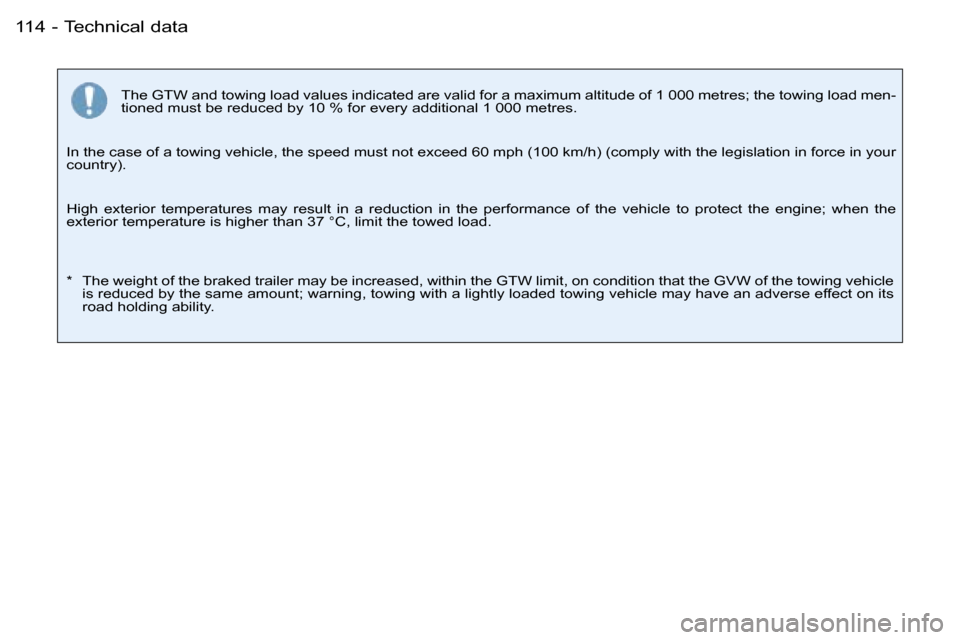 Peugeot 206 SW Dag 2007.5  Owners Manual �T�e�c�h�n�i�c�a�l� �d�a�t�a�1�1�4 �-
�T�h�e� �G�T�W� �a�n�d� �t�o�w�i�n�g� �l�o�a�d� �v�a�l�u�e�s� �i�n�d�i�c�a�t�e�d� �a�r�e� �v�a�l�i�d� �f�o�r� �a� �m�a�x�i�m�u�m� �a�l�t�i�t�u�d�e� �o�f� �1� �0�0
