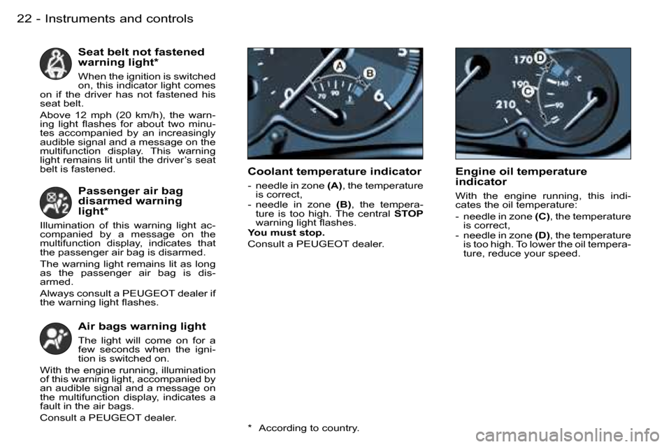 Peugeot 206 SW Dag 2006.5  Owners Manual �I�n�s�t�r�u�m�e�n�t�s� �a�n�d� �c�o�n�t�r�o�l�s�2�2 �-
�S�e�a�t� �b�e�l�t� �n�o�t� �f�a�s�t�e�n�e�d� �w�a�r�n�i�n�g� �l�i�g�h�t�*
�W�h�e�n� �t�h�e� �i�g�n�i�t�i�o�n� �i�s� �s�w�i�t�c�h�e�d� �o�n�,� �