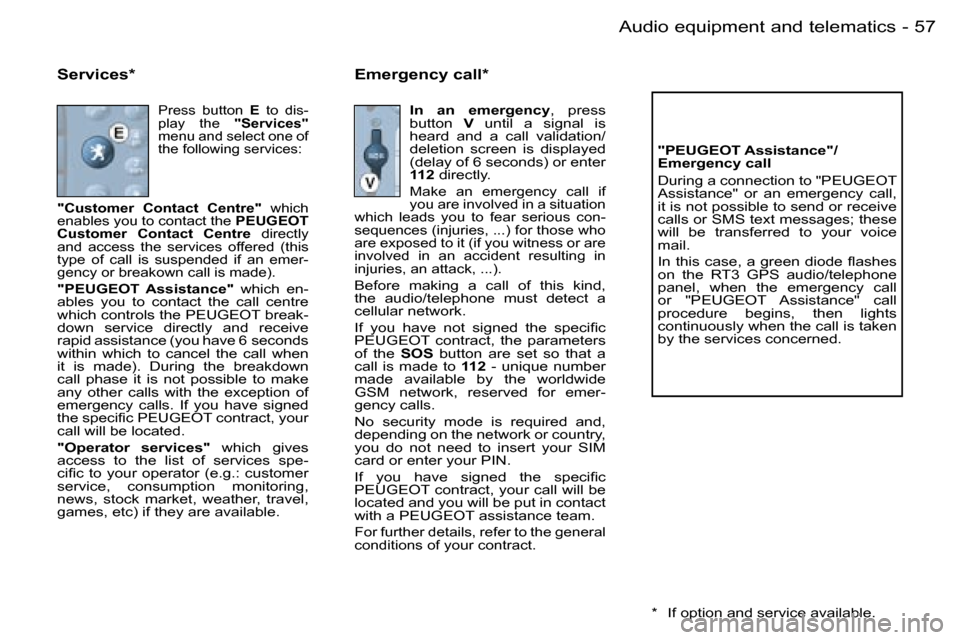 Peugeot 206 SW Dag 2006.5  Owners Manual �5�7
�-�A�u�d�i�o� �e�q�u�i�p�m�e�n�t� �a�n�d� �t�e�l�e�m�a�t�i�c�s
�S�e�r�v�i�c�e�s�*
�P�r�e�s�s�  �b�u�t�t�o�n� �E�  �t�o�  �d�i�s�-�p�l�a�y�  �t�h�e� �"�S�e�r�v�i�c�e�s�"�m�e�n�u� �a�n�d� �s�e�l�e�
