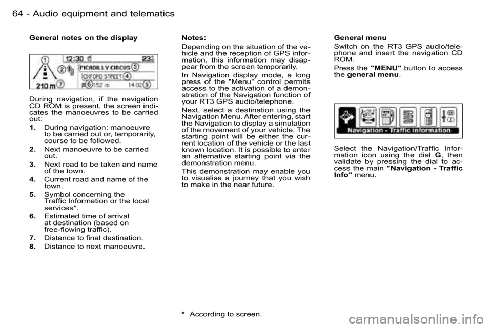 Peugeot 206 SW Dag 2006.5  Owners Manual �6�4 �-�A�u�d�i�o� �e�q�u�i�p�m�e�n�t� �a�n�d� �t�e�l�e�m�a�t�i�c�s
�G�e�n�e�r�a�l� �n�o�t�e�s� �o�n� �t�h�e� �d�i�s�p�l�a�y
�D�u�r�i�n�g�  �n�a�v�i�g�a�t�i�o�n�,�  �i�f�  �t�h�e�  �n�a�v�i�g�a�t�i�o�