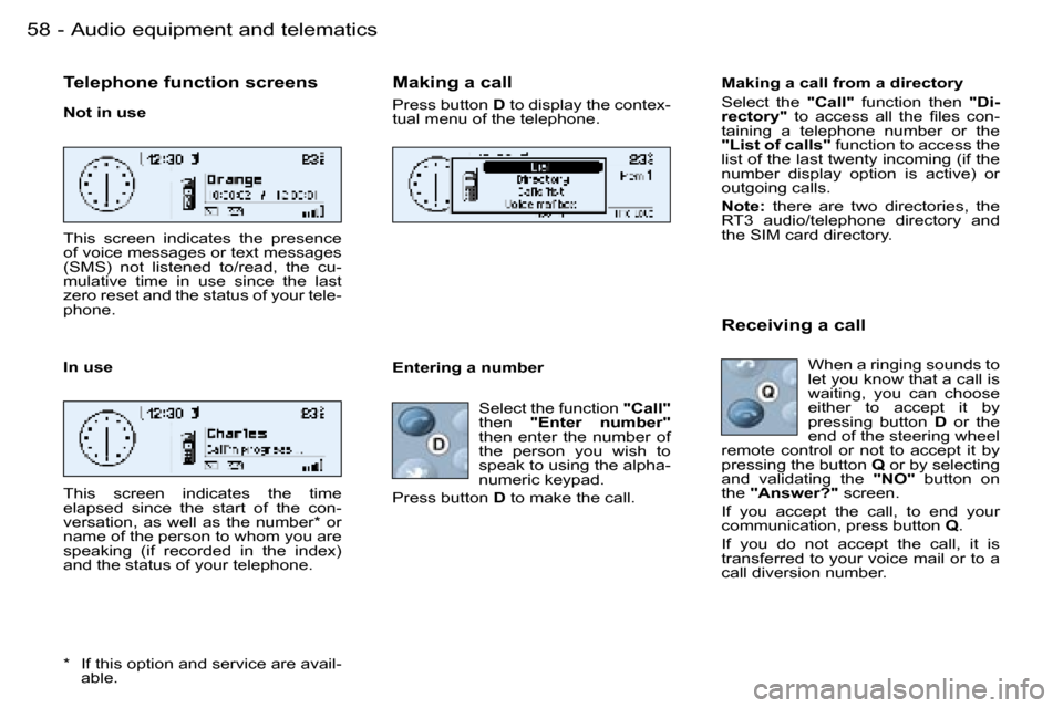 Peugeot 206 SW Dag 2006  Owners Manual �5�8 �-�A�u�d�i�o� �e�q�u�i�p�m�e�n�t� �a�n�d� �t�e�l�e�m�a�t�i�c�s
�T�e�l�e�p�h�o�n�e� �f�u�n�c�t�i�o�n� �s�c�r�e�e�n�s
�N�o�t� �i�n� �u�s�e 
�T�h�i�s�  �s�c�r�e�e�n�  �i�n�d�i�c�a�t�e�s�  �t�h�e�  �