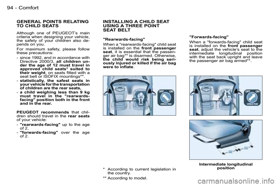 Peugeot 206 SW Dag 2006  Owners Manual �C�o�m�f�o�r�t�9�4 �-
�"�F�o�r�w�a�r�d�s�-�f�a�c�i�n�g�" 
�W�h�e�n�  �a�  �"�f�o�r�w�a�r�d�s�-�f�a�c�i�n�g�"�  �c�h�i�l�d�  �s�e�a�t�  
�i�s�  �i�n�s�t�a�l�l�e�d�  �o�n�  �t�h�e� �f�r�o�n�t�  �p�a�s�s