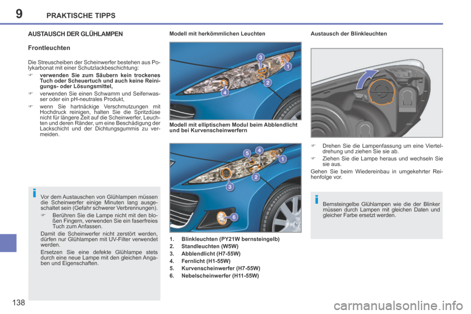 Peugeot 207 CC 2014 Betriebsanleitung (in German) 9
ii
PRAKTISCHE TIPPS
138
207cc_de_Chap09_Info pratiques_ed01-2014
AUSTAUSCH DER GLÜHLAMPEN
1. Blinkleuchten ( PY21W bernsteingelb)
2. Standleuchten ( W5W )
3. Abblendlich Peugeot 207 CC 2014 Betriebsanleitung (in German) 9
ii
PRAKTISCHE TIPPS
138
207cc_de_Chap09_Info pratiques_ed01-2014
AUSTAUSCH DER GLÜHLAMPEN
1. Blinkleuchten ( PY21W bernsteingelb)
2. Standleuchten ( W5W )
3. Abblendlich