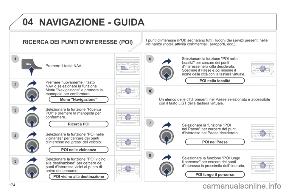 Peugeot 207 CC 2014  Manuale del proprietario (in Italian) 174
04
8
6
7
4
3
5
2
1
207cc_it_Chap11b_RNEG_ed01-2014
 NAVIGAZIONE - GUIDA 
  RICERCA DEI PUNTI DINTERESSE (POI) 
  Premere  il  tasto  NAV.  
  Premere nuovamente il tasto NAV o selezionare la funz