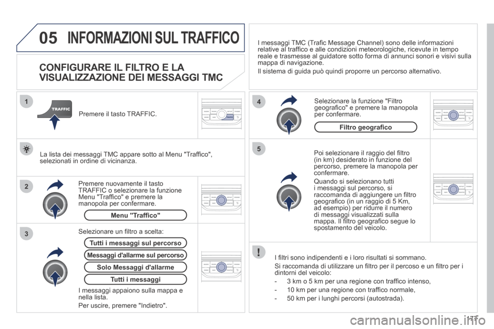 Peugeot 207 CC 2014  Manuale del proprietario (in Italian) 177
05
2 1
3
4
5
207cc_it_Chap11b_RNEG_ed01-2014
 INFORMAZIONI SUL TRAFFICO 
          CONFIGURARE IL FILTRO E LA 
VISUALIZZAZIONE DEI MESSAGGI TMC 
  Poi selezionare il raggio del ﬁ ltro (in km) de
