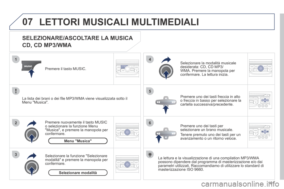 Peugeot 207 CC 2014  Manuale del proprietario (in Italian) 181
07
3 2 1
6
4
5
207cc_it_Chap11b_RNEG_ed01-2014
             SELEZIONARE/ASCOLTARE LA MUSICA  
CD, CD MP3/WMA 
  La lettura e la visualizzazione di una compilation MP3/WMA possono dipendere dal pro