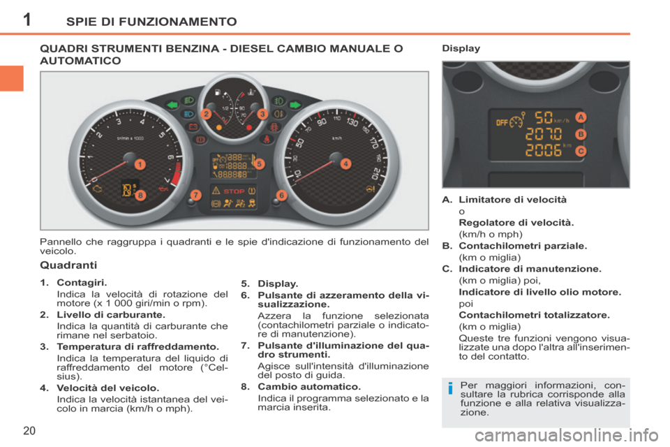 Peugeot 207 CC 2014  Manuale del proprietario (in Italian) 1
i
SPIE DI FUNZIONAMENTO
20
207cc_it_Chap01_Controle de marche_ed01-2014
QUADRI STRUMENTI BENZINA - DIESEL CAMBIO MANUALE O 
AUTOMATICO 
 Pannello che raggruppa i quadranti e le spie dindicazione di