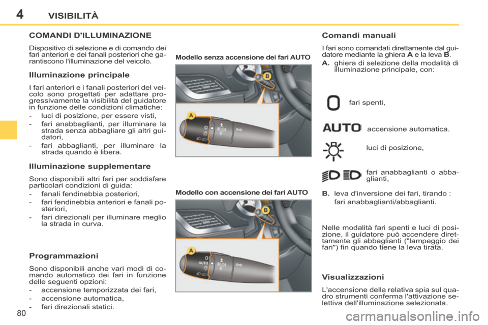 Peugeot 207 CC 2014  Manuale del proprietario (in Italian) 4
80
VISIBILITÀ
207cc_it_Chap04_Visibilite_ed01-2014
COMANDI DILLUMINAZIONE 
 Dispositivo di selezione e di comando dei 
fari anteriori e dei fanali posteriori che ga-
rantiscono lilluminazione del