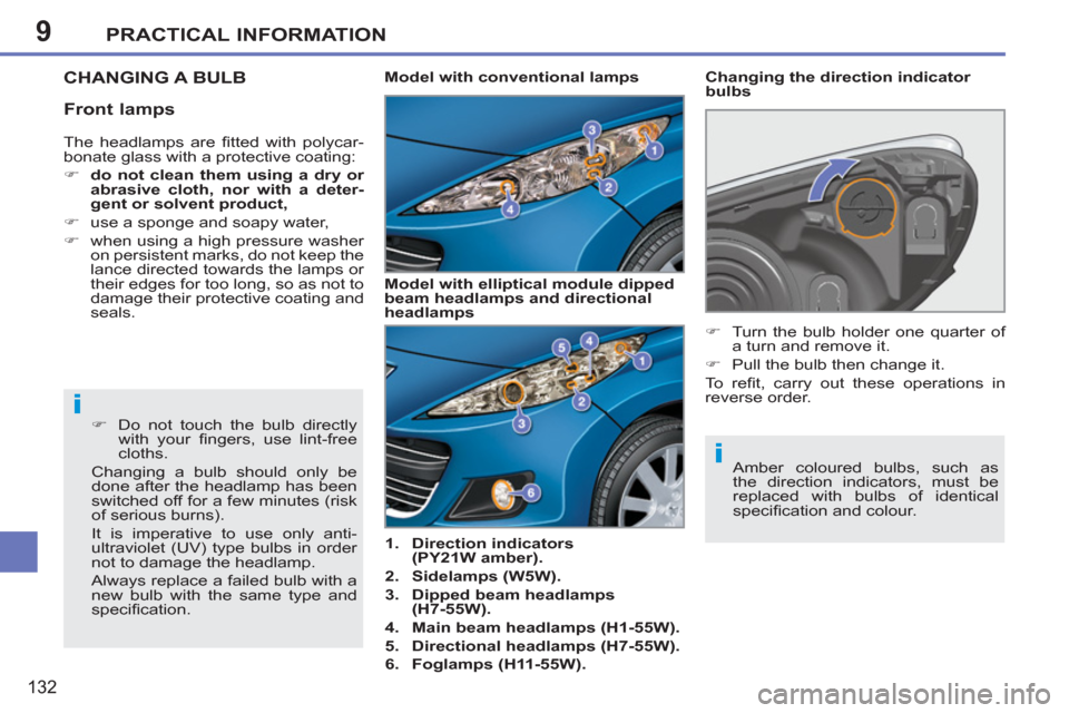 Peugeot 207 CC 2012  Owners Manual 9
i
i
PRACTICAL INFORMATION
132
CHANGING A BULB
   
 
1. 
  Direction indicators 
(PY21W amber). 
 
   
2. 
  Sidelamps (W5W). 
 
   
3. 
  Dipped beam headlamps 
(H7-55W). 
 
   
4. 
  Main beam head