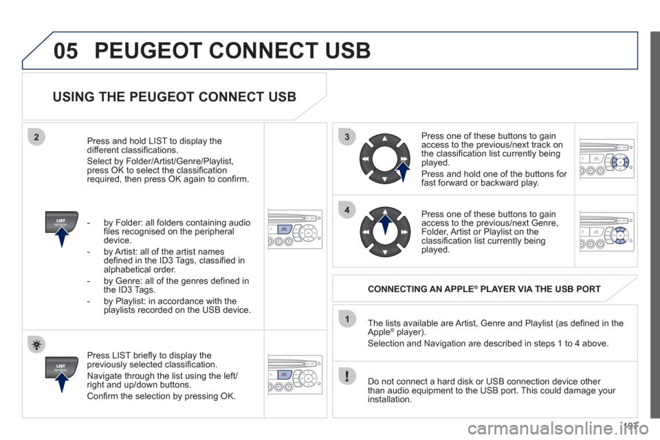 Peugeot 207 CC 2012  Owners Manual 197
3
4
05
2
1
LISTREFRESH
LISTREFRESH
   
USING THE PEUGEOT CONNECT USB 
 
 
Press LIST brieﬂ y to display thepreviously selected classiﬁ cation. 
  Navi
gate through the list using the left/righ