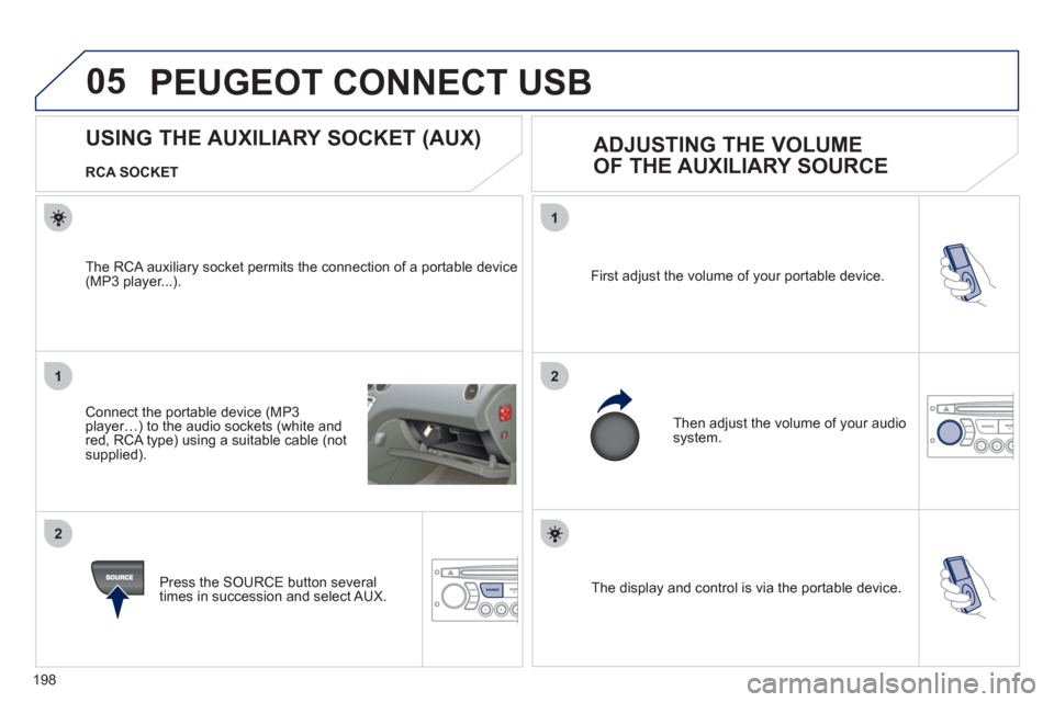 Peugeot 207 CC 2012  Owners Manual 198
05
1
21
2
SOURCE  The display and control is via the portable device.  First ad
just the volume of your portable device. 
  Then ad
just the volume of your audio system.
 
 
 
 
 
 
 
 
 
 
 
 
 
