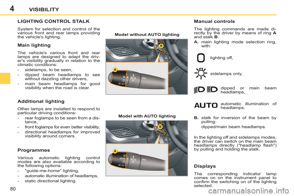 Peugeot 207 CC 2012  Owners Manual 4
80
VISIBILITY
LIGHTING CONTROL STALK
  System for selection and control of the 
various front and rear lamps providing 
the vehicles lighting. 
   
Manual controls 
 
The lighting commands are made