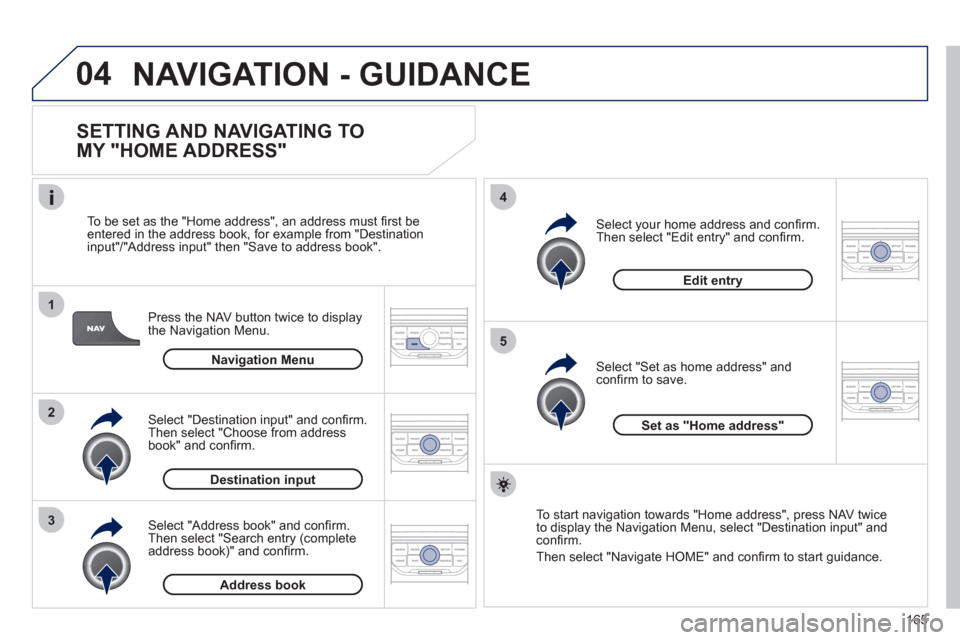 Peugeot 207 CC 2012  Owners Manual - RHD (UK. Australia) 165
04
1
2
3
5
4
  NAVIGATION - GUIDANCE
 
 
SETTING AND NAVIGATING TO 
MY "HOME ADDRESS" 
Press the NAV button twice to display 
the Navigation Menu.     
To be set as the "Home address"
, an address