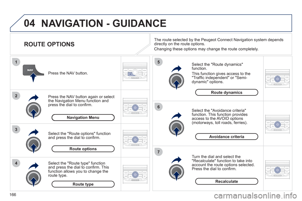 Peugeot 207 CC 2012  Owners Manual - RHD (UK. Australia) 166
04
4
3
2
1
7
6
5
NAVIGATION - GUIDANCE 
   
ROUTE OPTIONS 
 
 
Select the "Route dynamics"function.
  This 
function gives access to the "Trafﬁ c independent" or "Semi-
dynamic" options. 
   
Se