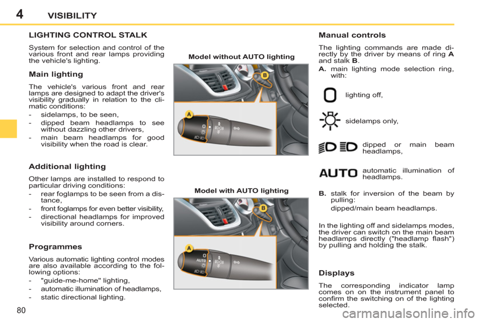Peugeot 207 CC 2012  Owners Manual - RHD (UK. Australia) 4
80
VISIBILITY
LIGHTING CONTROL STALK
  System for selection and control of the 
various front and rear lamps providing 
the vehicles lighting. 
   
Manual controls 
 
The lighting commands are made