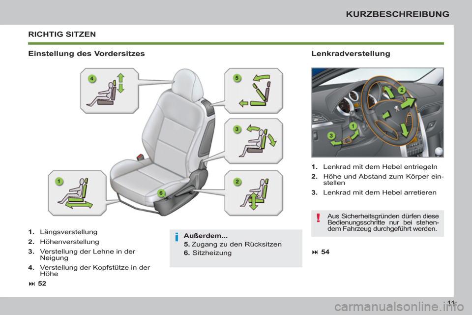 Peugeot 207 CC 2012  Betriebsanleitung (in German) i
!
11
KURZBESCHREIBUNG
  RICHTIG SITZEN
 
 
Außerdem... 
   
5. 
 Zugang zu den Rücksitzen 
   
6. 
 Sitzheizung  
 
 
 
Einstellung des Vordersitzes    
Lenkradverstellung 
 
 
 
1. 
 Längsverste