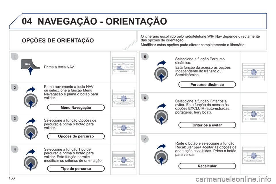 Peugeot 207 CC 2012 Manual do proprietário (in Portuguese) 166
04
4
3
2
1
7
6
5
NAVEGAÇÃO - ORIENTAÇÃO
OPÇÕES DE ORIENTAÇÃO
Seleccione a função Percursodinâmico
.
Esta
função dá acesso às opções
Independente do trânsito ou Peugeot 207 CC 2012 Manual do proprietário (in Portuguese) 166
04
4
3
2
1
7
6
5
NAVEGAÇÃO - ORIENTAÇÃO
OPÇÕES DE ORIENTAÇÃO
Seleccione a função Percursodinâmico
.
Esta
função dá acesso às opções
Independente do trânsito ou