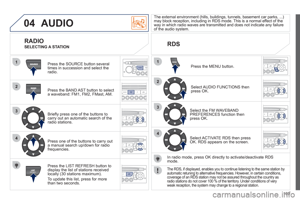 Peugeot 207 CC 2011.5 Owners Manual - RHD (UK. Australia) 193
04
1
2
3
4
1
2
3
4
SOURCE
BANDAST
LISTREFRESH
MENU
AUDIO
Press the SOURCE button several
times in succession and select theradio.
Press the BAND A
ST button to select
a waveband: FM1, Peugeot 207 CC 2011.5 Owners Manual - RHD (UK. Australia) 193
04
1
2
3
4
1
2
3
4
SOURCE
BANDAST
LISTREFRESH
MENU
AUDIO
Press the SOURCE button several
times in succession and select theradio.
Press the BAND A
ST button to select
a waveband: FM1,