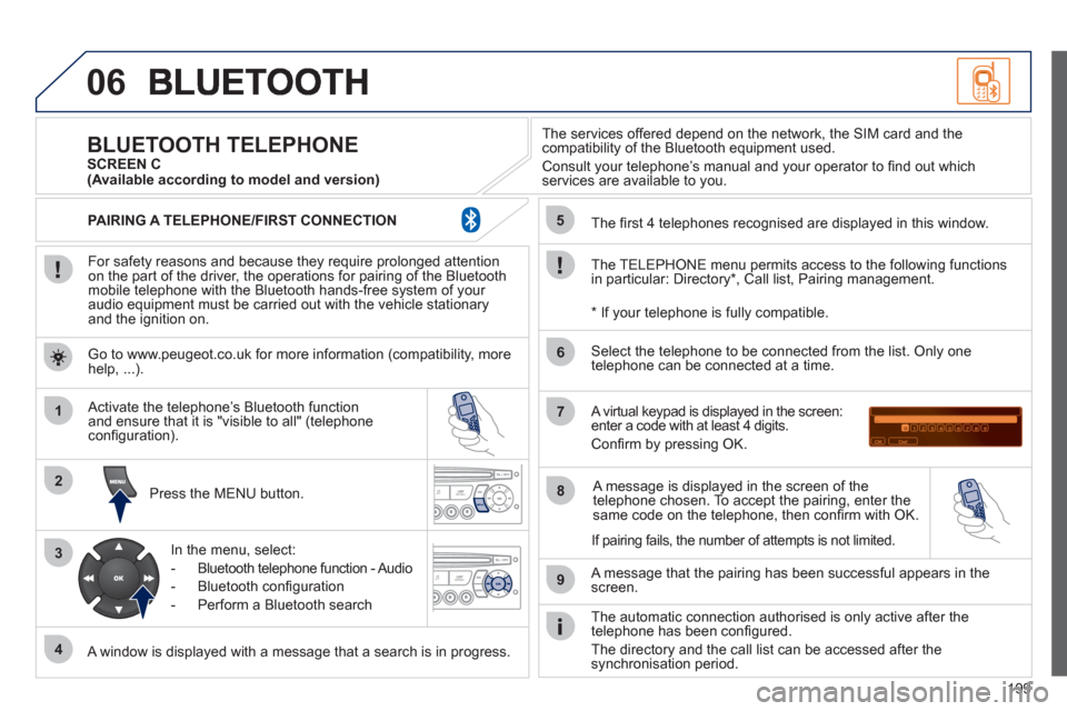 Peugeot 207 CC 2011.5 Owners Manual - RHD (UK. Australia) 199
06
1
2
3
4
5
6
7
8
9
MENU
OK
For safety reasons and because they require prolonged attentionon the part of the driver, the operations for pairing of the Bluetooth mobile telephone with the Blu Peugeot 207 CC 2011.5 Owners Manual - RHD (UK. Australia) 199
06
1
2
3
4
5
6
7
8
9
MENU
OK
For safety reasons and because they require prolonged attentionon the part of the driver, the operations for pairing of the Bluetooth mobile telephone with the Blu