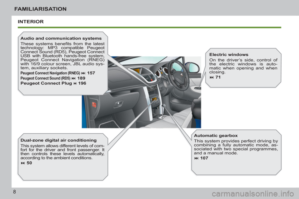 Peugeot 207 CC 2011.5  Owners Manual - RHD (UK. Australia) 8
FAMILIARISATION
  INTERIOR
 
 
Dual-zone digital air conditioning 
  This system allows different levels of com-
fort for the driver and front passenger. It 
then controls these levels automatically