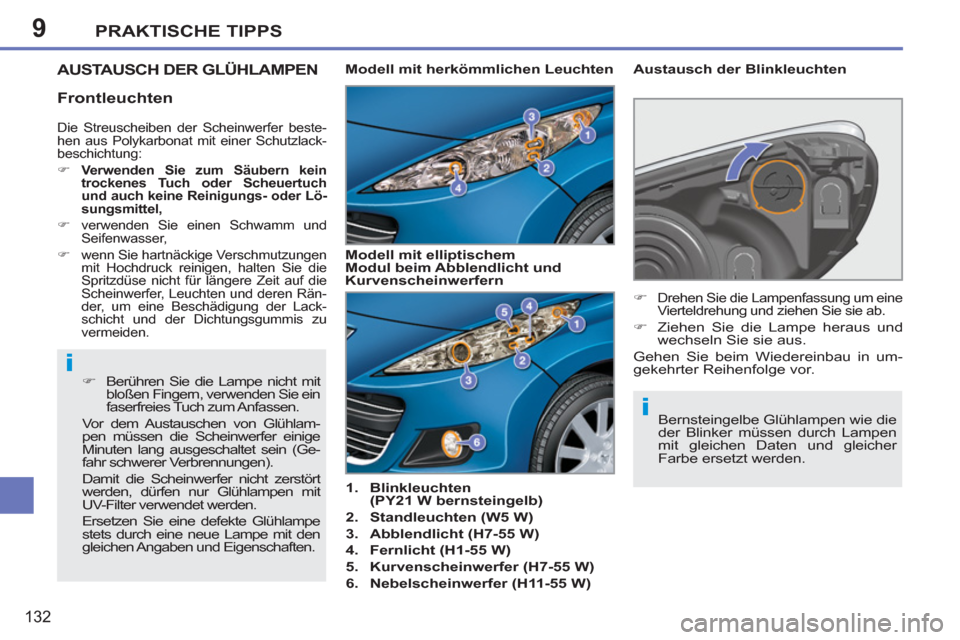 Peugeot 207 CC 2011.5  Betriebsanleitung (in German) 9
i
i
PRAKTISCHE TIPPS
132
AUSTA USCH DER GLÜHLAMPEN 
   
 
1. 
  Blinkleuchten
(PY21 W bernsteingelb) 
 
   
2. 
  Standleuchten (W5 W) 
 
   
3. 
  Abblendlicht (H7-55 W) 
 
   
4. 
  Fernlicht (H1