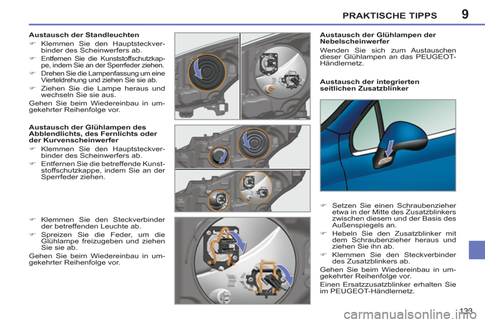 Peugeot 207 CC 2011.5  Betriebsanleitung (in German) 9PRAKTISCHE TIPPS
133
   
Austausch der integrierten 
seitlichen Zusatzblinker     
Austausch der Glühlampen der 
Nebelscheinwerfer 
  Wenden Sie sich zum Austauschen 
dieser Glühlampen an das PEUGE