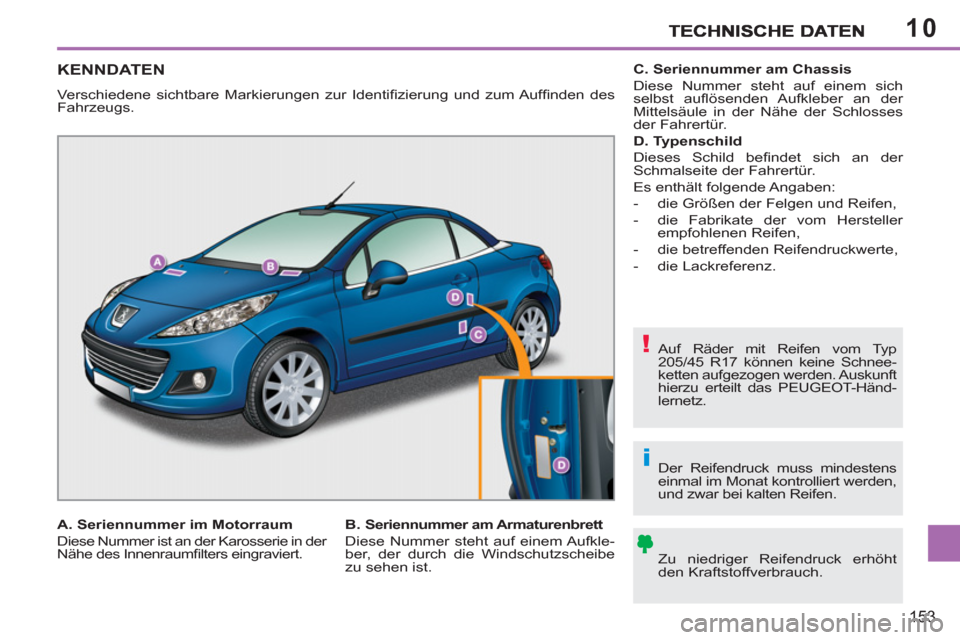 Peugeot 207 CC 2011.5 Betriebsanleitung (in German) 10
!
i
153
KENNDATEN
Verschiedene sichtbare Markierungen zur Identifi zierung und zum Auffi nden des
Fahrzeugs.
Auf Räder mit Reifen vom Typ
205/45 R17 können keine Schnee-
ketten aufgezog Peugeot 207 CC 2011.5 Betriebsanleitung (in German) 10
!
i
153
KENNDATEN
Verschiedene sichtbare Markierungen zur Identifi zierung und zum Auffi nden des
Fahrzeugs.
Auf Räder mit Reifen vom Typ
205/45 R17 können keine Schnee-
ketten aufgezog