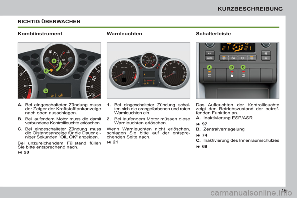 Peugeot 207 CC 2011.5  Betriebsanleitung (in German) 15
KURZBESCHREIBUNG
  RICHTIG ÜBERWACHEN
   
Kombiinstrument   
Schalterleiste 
 
 
A. 
  Bei eingeschalteter Zündung muss 
der Zeiger der Kraftstofftankanzeige 
nach oben ausschlagen. 
   
B. 
  Be
