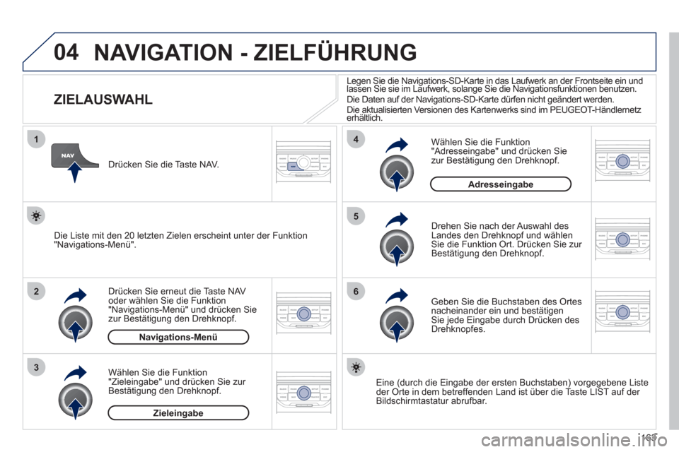 Peugeot 207 CC 2011.5 Betriebsanleitung (in German) 163
04
1
2
3
5
6
4
NAVIGATION - ZIELFÜHRUNG
ZIELAUSWAHL
Drücken Sie erneut die Taste NAVoder wählen Sie die Funktion "Navigations-Menü" und drücken Sie
zur Bes Peugeot 207 CC 2011.5 Betriebsanleitung (in German) 163
04
1
2
3
5
6
4
NAVIGATION - ZIELFÜHRUNG
ZIELAUSWAHL
Drücken Sie erneut die Taste NAVoder wählen Sie die Funktion "Navigations-Menü" und drücken Sie
zur Bes