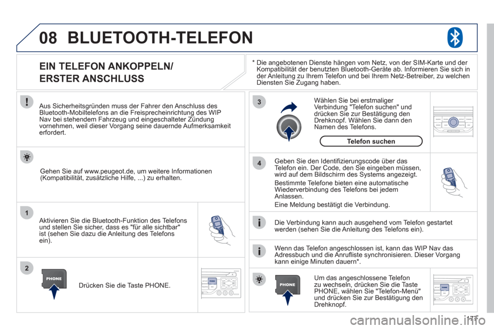 Peugeot 207 CC 2011.5 Betriebsanleitung (in German) 177
08
1
2
3
4
BLUETOOTH-TELEFON
*
Die angebotenen Dienste hängen vom Netz, von der SIM-Karte und der Kompatibilität der benutzten Bluetooth-Geräte ab. Informieren Sie sich in
der Anleitung zu Peugeot 207 CC 2011.5 Betriebsanleitung (in German) 177
08
1
2
3
4
BLUETOOTH-TELEFON
*
Die angebotenen Dienste hängen vom Netz, von der SIM-Karte und der Kompatibilität der benutzten Bluetooth-Geräte ab. Informieren Sie sich in
der Anleitung zu