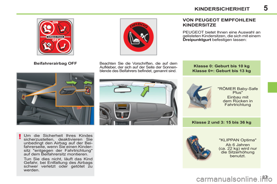 Peugeot 207 CC 2011.5  Betriebsanleitung (in German) 5
!
KINDERSICHERHEIT
87
   
 
Beifahrerairbag OFF  
 VON PEUGEOT EMPFOHLENE 
KINDERSITZE
 
PEUGEOT bietet Ihnen eine Auswahl an 
gelisteten Kindersitzen, die sich mit einem 
  Dreipunktgurt 
 befestig